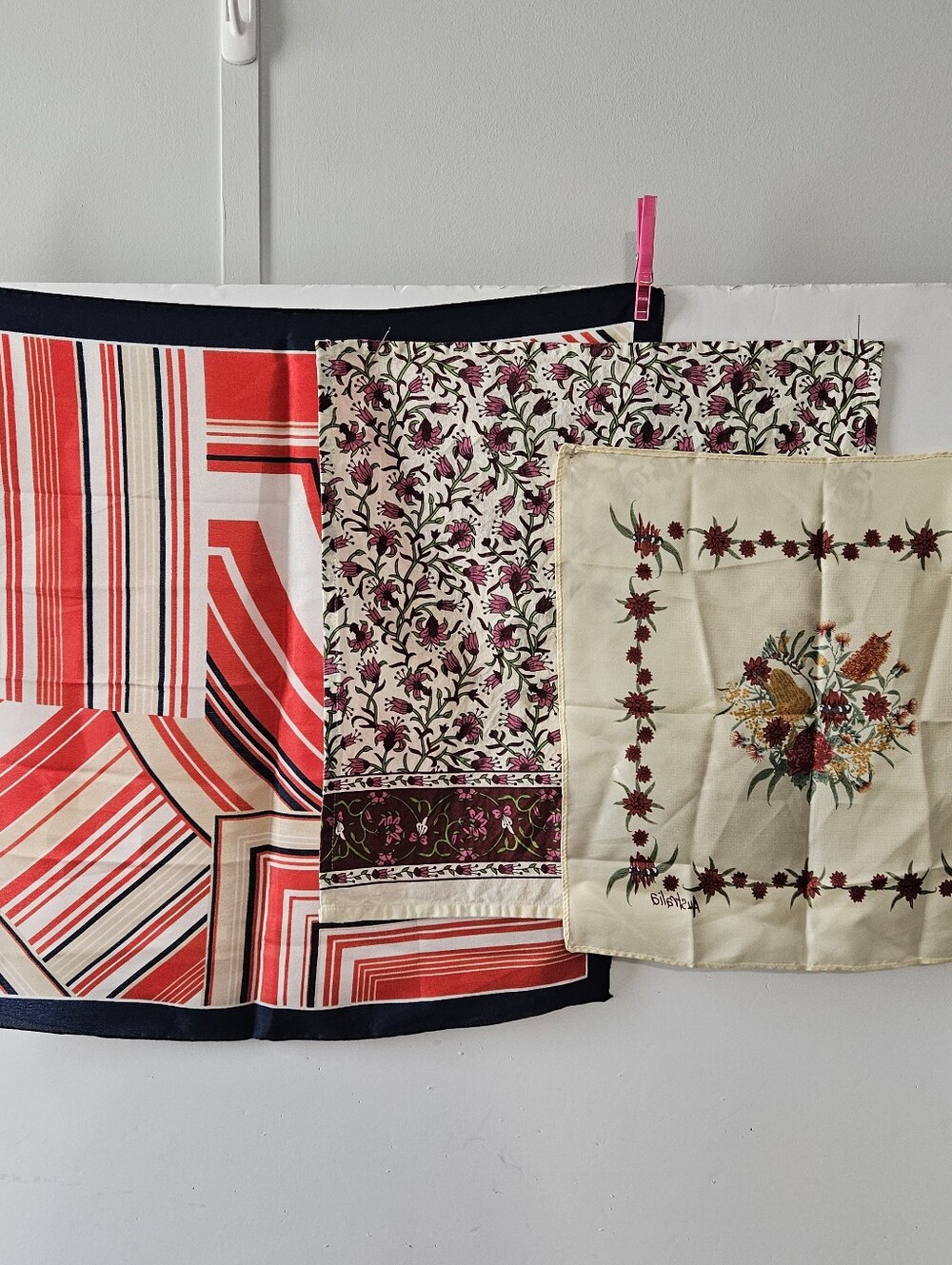 3 Vintage Square Scarf Handkerchief Lot Set Silk Cotton Polyester Scarves Colle